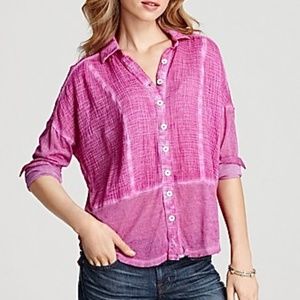 Free People Distressed Pink Button Down Blouse